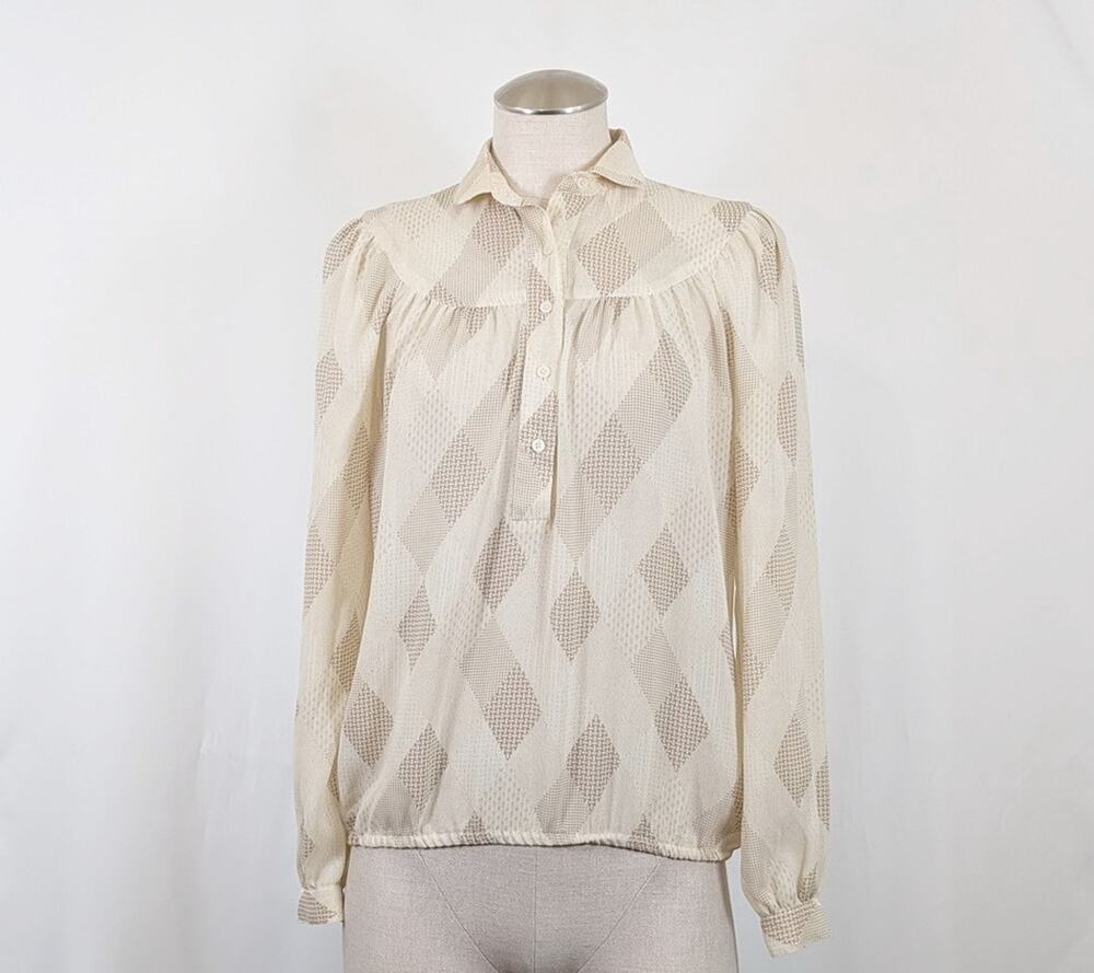 Vintage 80s Blouse Givenchy Sport Cream Tan Sheer Print Women's Size 6